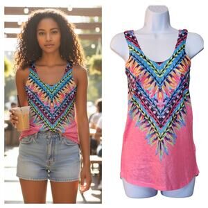 XYNC Womens Knit Tank Top Size S Pink Feather Native Print Pullover Lightweight